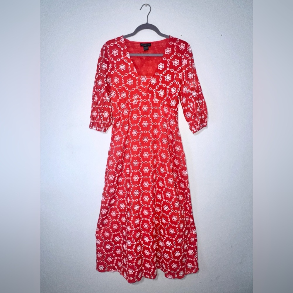 Nado Embroidered Vibrant Orange Red V-Neck Puff Sleeve Maxi Sundress Medium